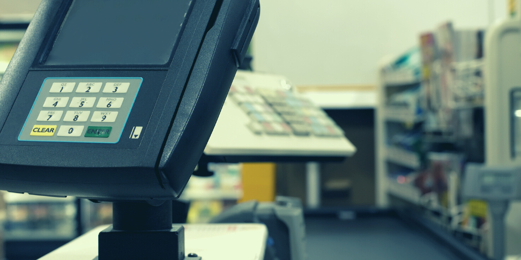 Close up of a card scanner at a small grocery