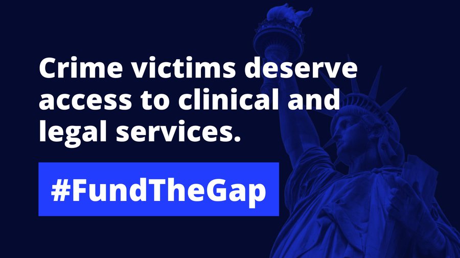 Image of Statue of Liberty, with text reading: Crime victims deserve access to clinical and legal services.