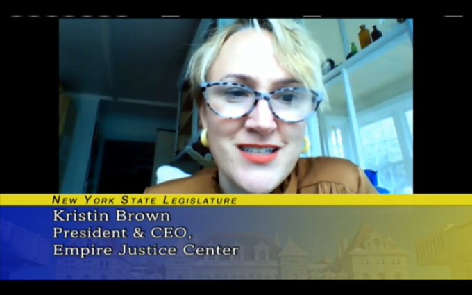 Screencap of Kristin Brown speaking to Legislature