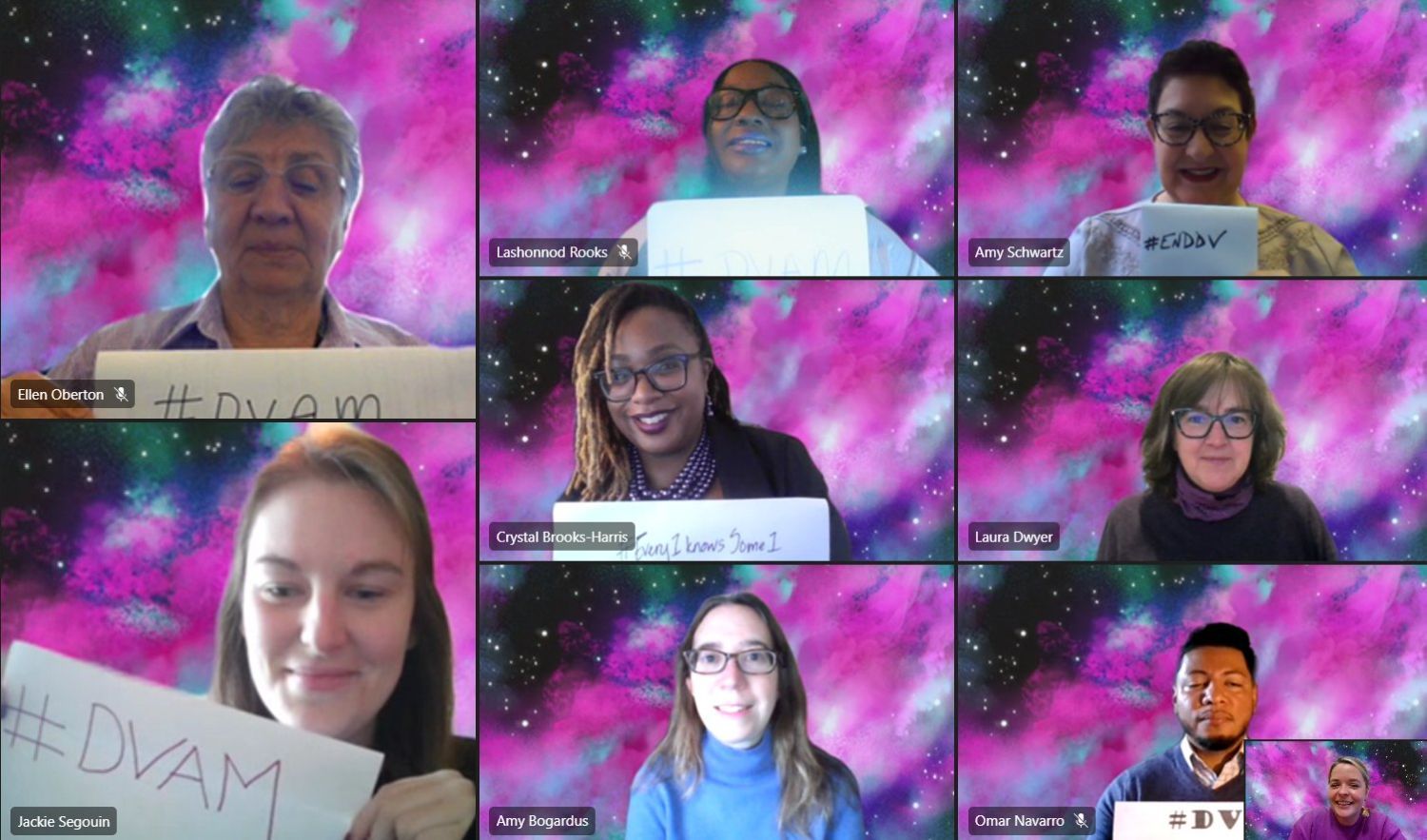 Screenshot of virtual meeting with members of Empire Justice staff in front of purple backgrounds.