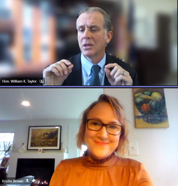 Screencap of virtual conference speakers. On top is the Honorable William K Taylor, a New York State Supreme Court Justice in the 7th Judicial District since 2016. He is a white man wearing a suit. Below that is Kristin Brown, CEO & President of Empire Justice Center. She is a white woman wearing an orange blouse and glasses.
