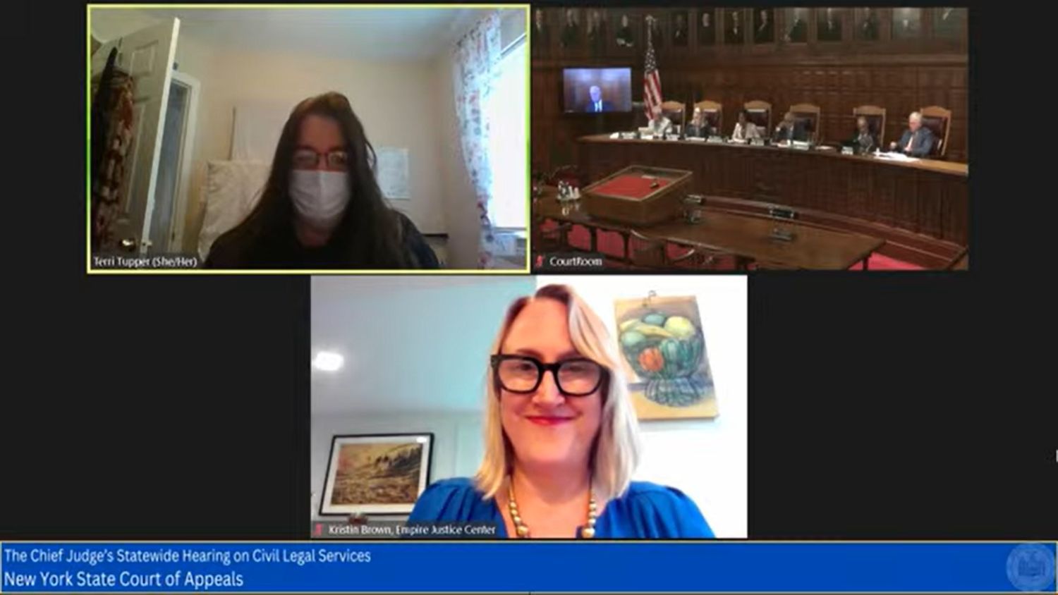 Screencap of Kristin Brown and Terri Tupper delivering testimony remotely for the Chief Judge's hearing.