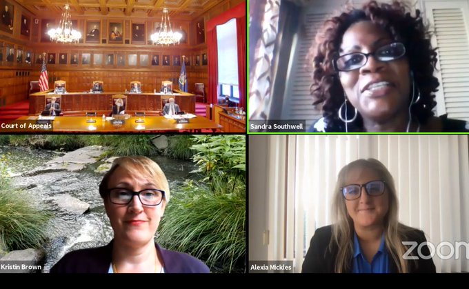 Video call screencap; clockwise from top left: Office of Court Administration, Sandra Southwell, Alexia Mickles, Kristin Brown.